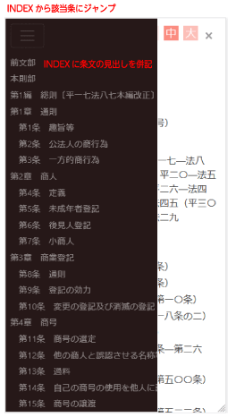 INDEXから該当条例へ飛び、お好みの文字サイズに変更可能
